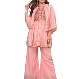BGM studio Women's Georgette Sequence Printed Stitched Kurta, Sharara with Unique Dupatta Sets (X-Large, Peach)