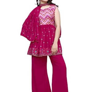 BGM studio Women's Georgette Sequence Printed Stitched Kurta, Sharara with Unique Dupatta Sets(D.NO-127) (Small, Pink)