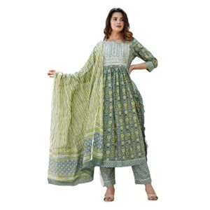 JD Finishing Cotton Nayra Cut Kurta Pant with Dupatta Set for Women & Girls Shorts Sleeve Round Neck Printed Straight Kurti Embroidery Work Anarkali Kurti (XL, Pista Green)