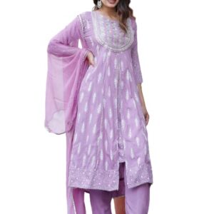 JD Finishing Rayon Printed Kurta with Pants & Dupatta Set for Women Long Middle Cut Kurtis Girls Stylish Latest New Trending Design Anarkali Ankle Lenght Straight Kurta (XL, Lavender)