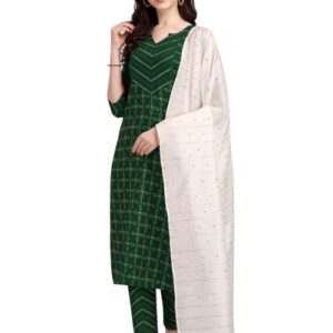 KAYVAL FASHION Women's Weaving Cotton Solid Straight Kurta with Pant and Duppata (CARA-KPD-P-207-GREEN -BANDHNI-XL)