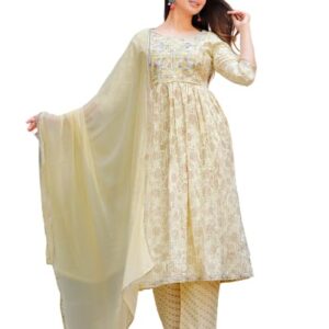 Shalig Nairacut Women's Rayon Printed Kurta with Pant & Dupatta Set with Embroidery (X-Large) Yellow
