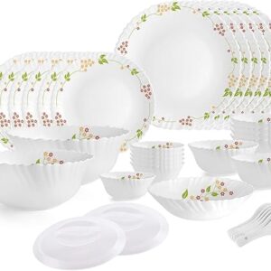 Cello Opalware Dazzle Series Secret Garden Dinner Set, 35 Units | Opal Glass Dinner Set for 6 | Light-Weight, Daily Use Crockery Set for Dining | White Plate and Multipurpose Bowl Set
