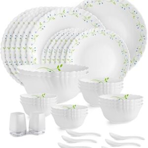 Cello Tropical Lagoon Dazzle Series Opalware Dinner Set, 35 Units | Opal Glass Dinner Set for 6 | Light-Weight, Daily Use Crockery Set for Dining | White Plate and Bowl Set | White