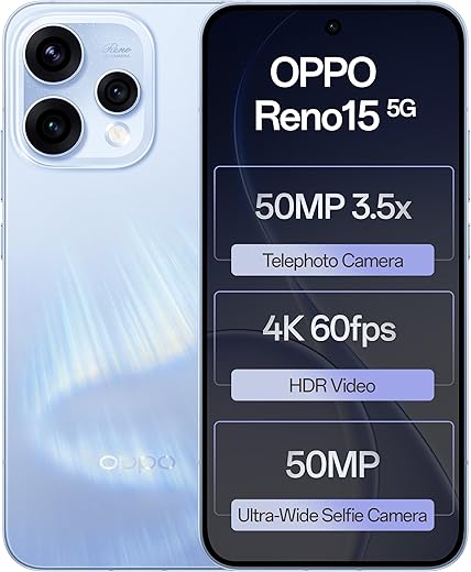 Oppo Reno15 5G (Aurora Blue, 8GB RAM, 256GB Storage) with No Cost EMI/Additional Exchange Offers