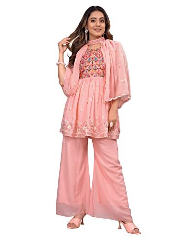 BGM studio Women’s Georgette Sequence Printed Stitched Kurta, Sharara with Unique Dupatta Sets