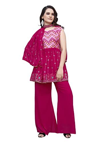 BGM studio Women’s Georgette Sequence Printed Stitched Kurta, Sharara with Unique Dupatta Sets