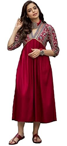 PFK India Women’s Cotton Maroon Kurta Dress for Women Stylish Dress for Women Soft Rayon Maroon Gota Work Kurti for Women