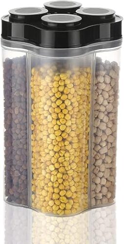 Clazkit Airtight Transparent Plastic Lock Food Storage 4 Section Container Jar for Grocery, Fridge Container Pack of 1, 2500ML – Black