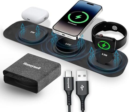 Honeywell Zest Wireless 3-in-1 Magnetic Foldable MagSafe Compatible 23W Wireless Charger for iPhone 12-15, Supports QC 3.0, All Apple Watch Series, Airpods 2,3, pro, Ultra-Fast Charging up to 23W