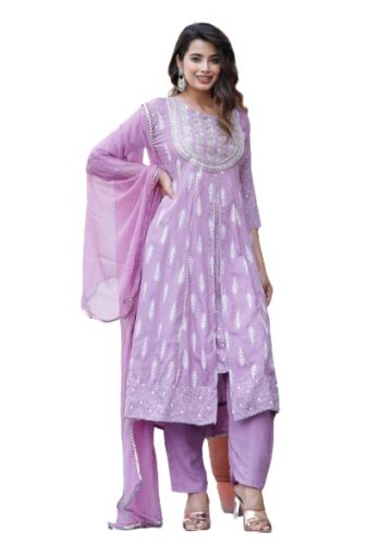 JD Finishing Rayon Printed Kurta with Pants & Dupatta Set for Women Long Middle Cut Kurtis Girls Stylish Latest New Trending Design Anarkali Kurta Ankle Lenght Straight Kurta