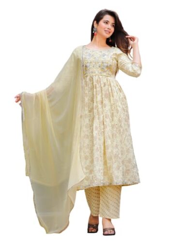 Shalig Nairacut Women’s Rayon Printed Kurta with Pant & Dupatta Set with Embroidery