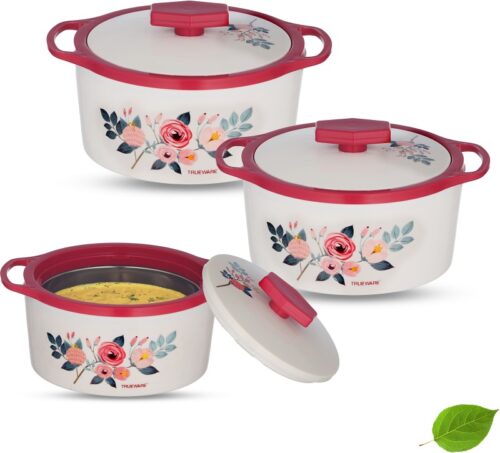 Trueware Floraa Inner Steel Outer Plastic 600 ML, 800 ML & 1100 ML Thermoware Pack of 3 Thermoware Casserole  (600 ml, 800 ml, 1100 ml)