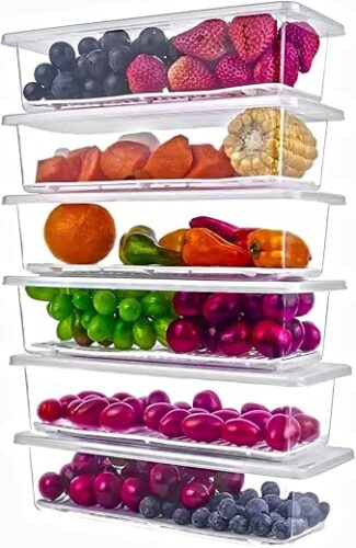 Xiran 6 Fridge Storage Boxes Fridge Organizer with Removable Drain Plate and Lid Stackable Fridge Storage Containers Plastic Freezer Storage Containers for Fish, Meat, Vegetables, Fruits